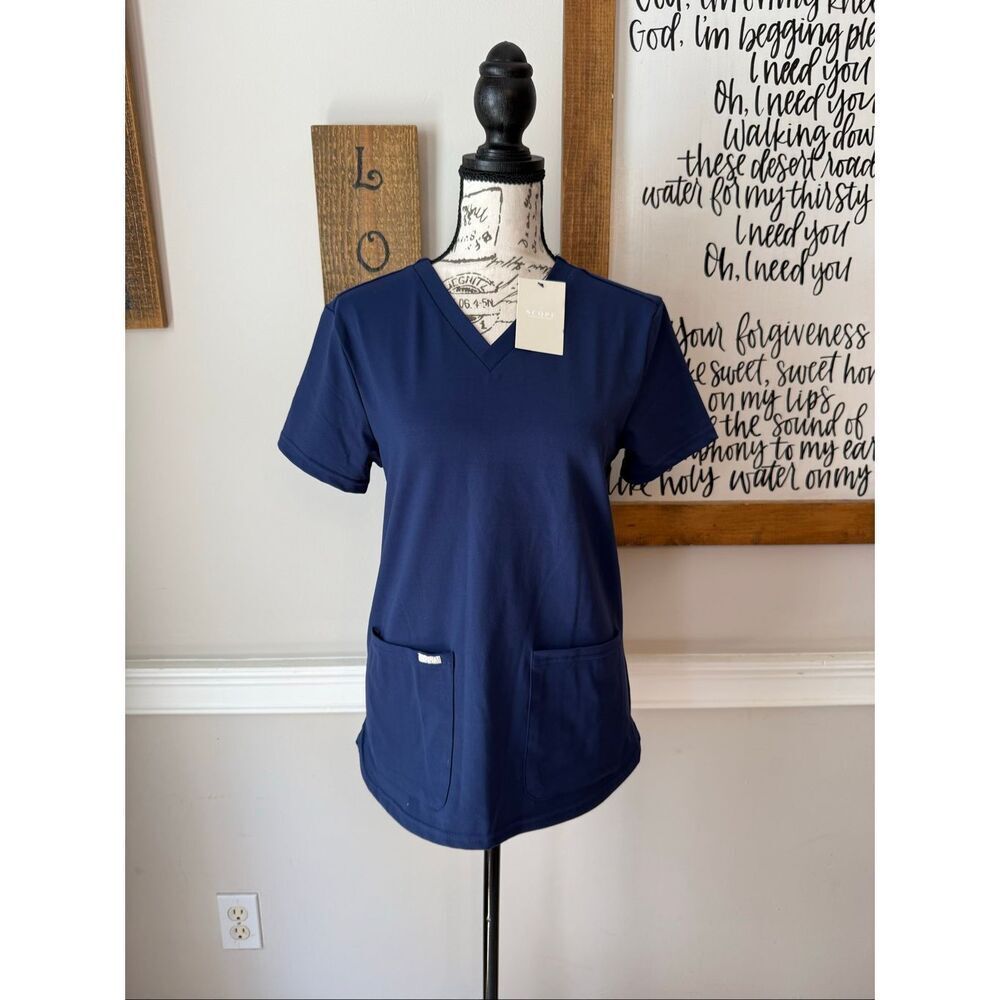 NWT Scope Womens V Neck Stretch Short Sleeve Medical Scrub Top Navy Blue Size XS